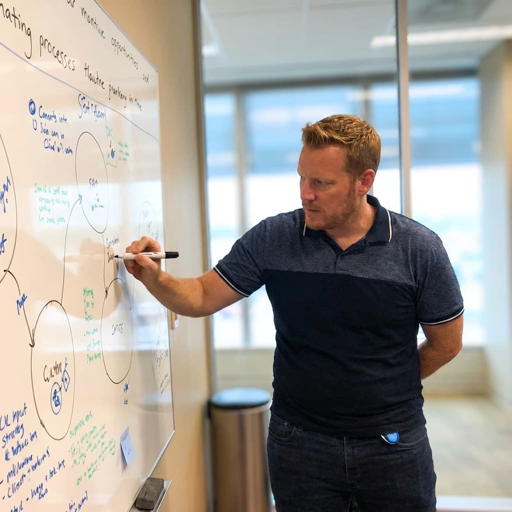 Dave Pengelley - Valid Agenda Founder sketching a systems architecture on a whiteboard to simplify business complexity.